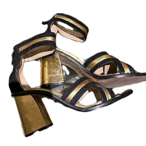 BCBGMAXAZRIA Black Suede And Gold Leather Ankle Strap Sandals - Picture 3 of 6